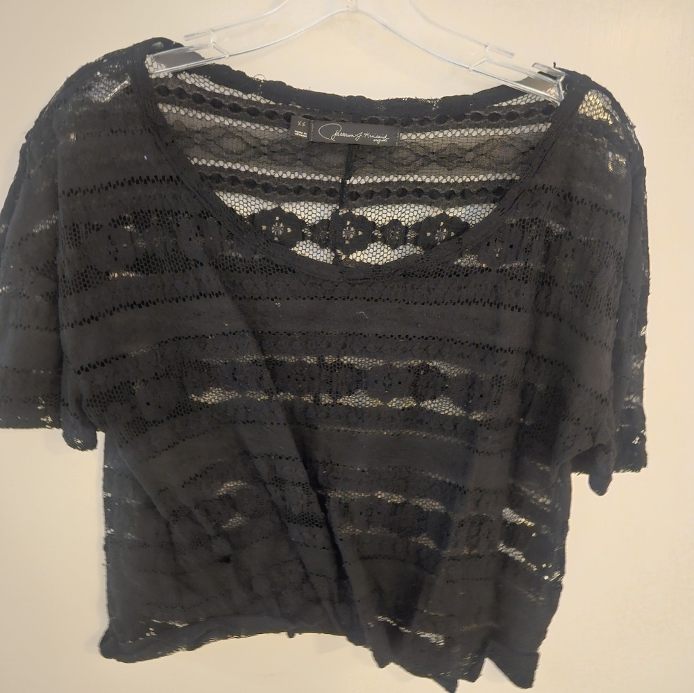 Pattinson J Kinkaid originals lace sheer black top